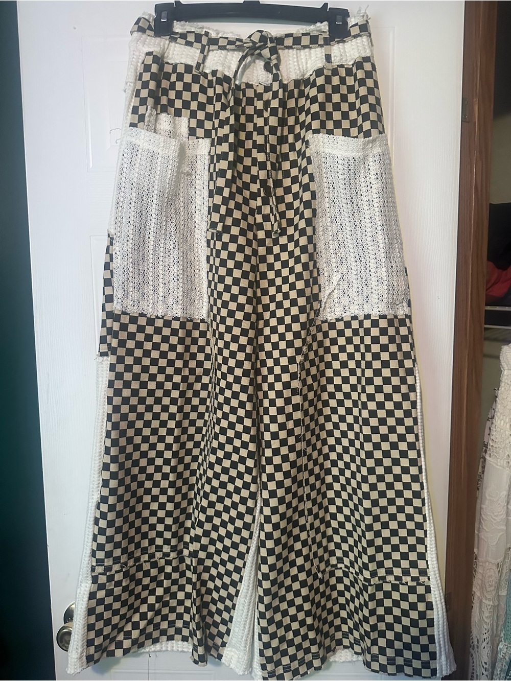 Checkerboard Wide-Leg Pants with Crochet Panels - cream/black/brown